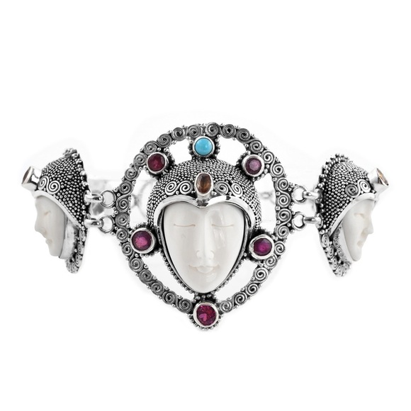 BALI GODDESS Carved Bone and Multi‎ Gemstone Toggle Clasp Bracelet - Picture 4 of 6